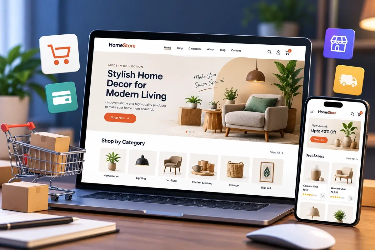 Online store product page and shopping cart shown on a laptop and a phone