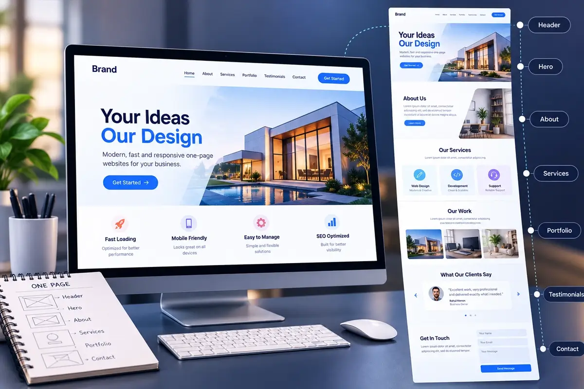 Simple one-page business website shown on a laptop screen