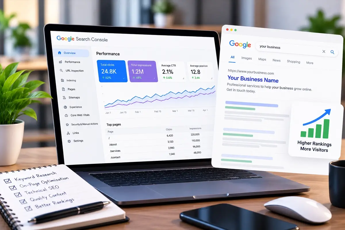 Search results page and keyword research notes for improving a website’s visibility