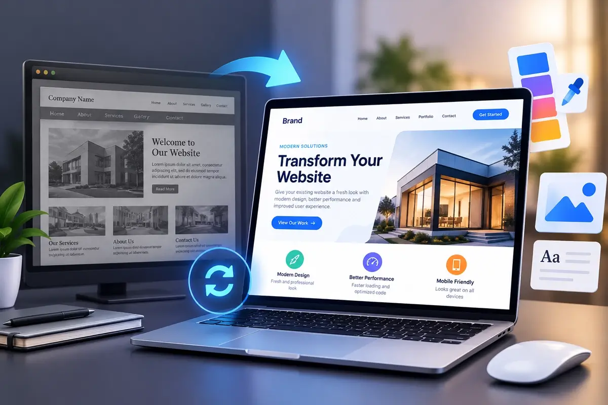 Old website layout beside a modern redesigned version of the same site