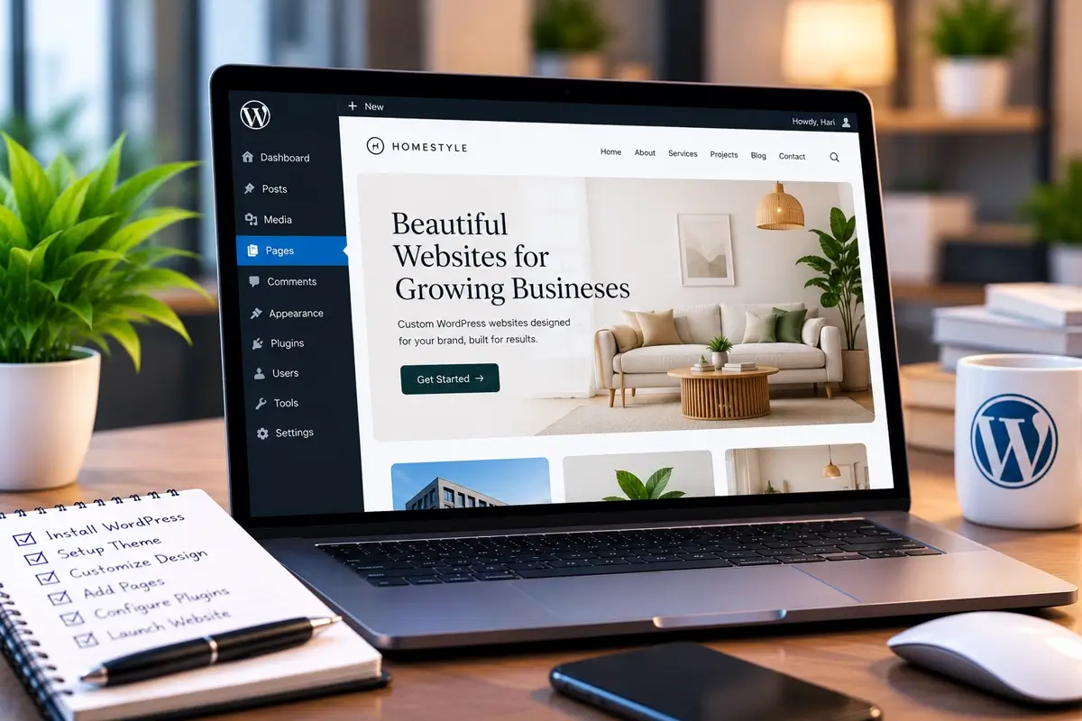 WordPress dashboard beside the website it controls
