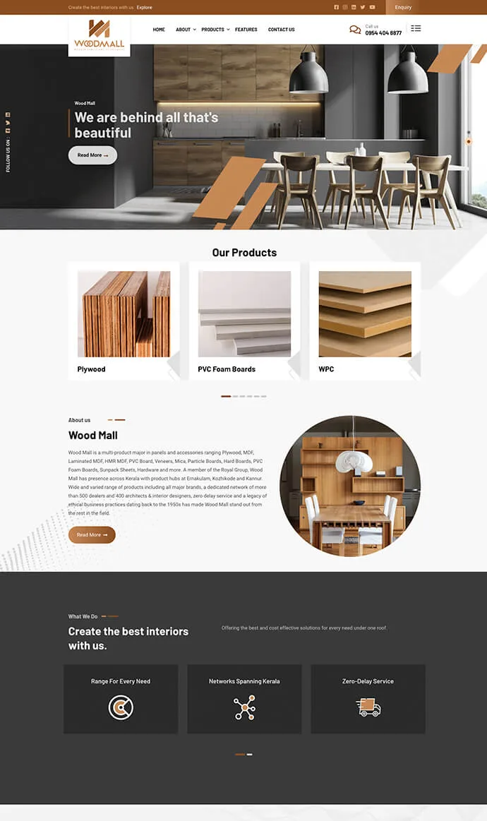 Wood Mall website design showcasing plywood, MDF boards, PVC foam boards, WPC, laminates, veneers, and interior materials