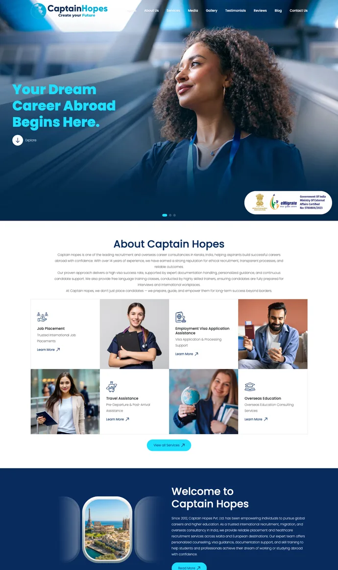 Captain Hopes overseas recruitment consultancy website design showcasing international career and visa services