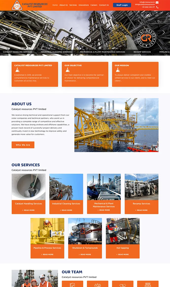 Catalyst Resources corporate website design featuring industrial maintenance, catalyst handling, and oilfield services