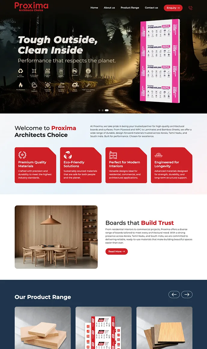 Proxima Architect Choice website design showcasing plywood, WPC boards, PVC foam boards, and laminates
