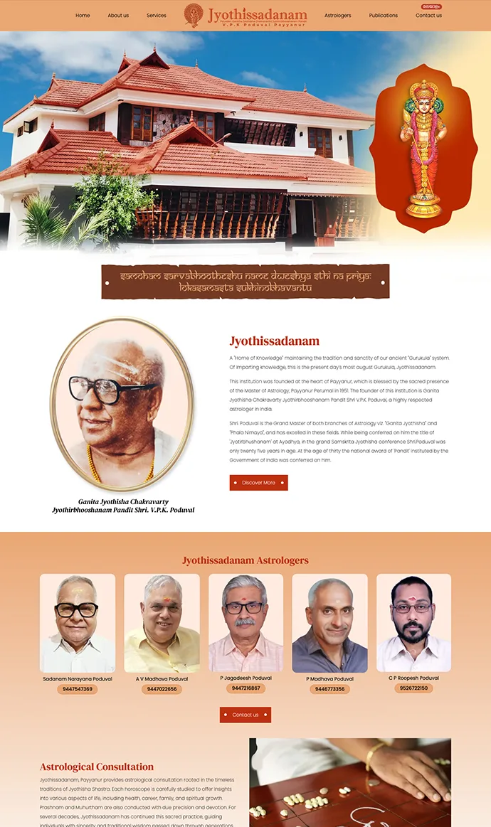 Jyothissadanam astrology website design showcasing traditional astrologers and Vedic astrology services in Payyanur, Kerala