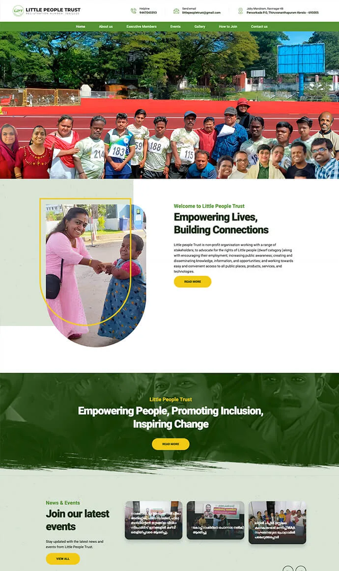 Little People Trust website design showcasing its mission, community events, inclusion initiatives, and membership information