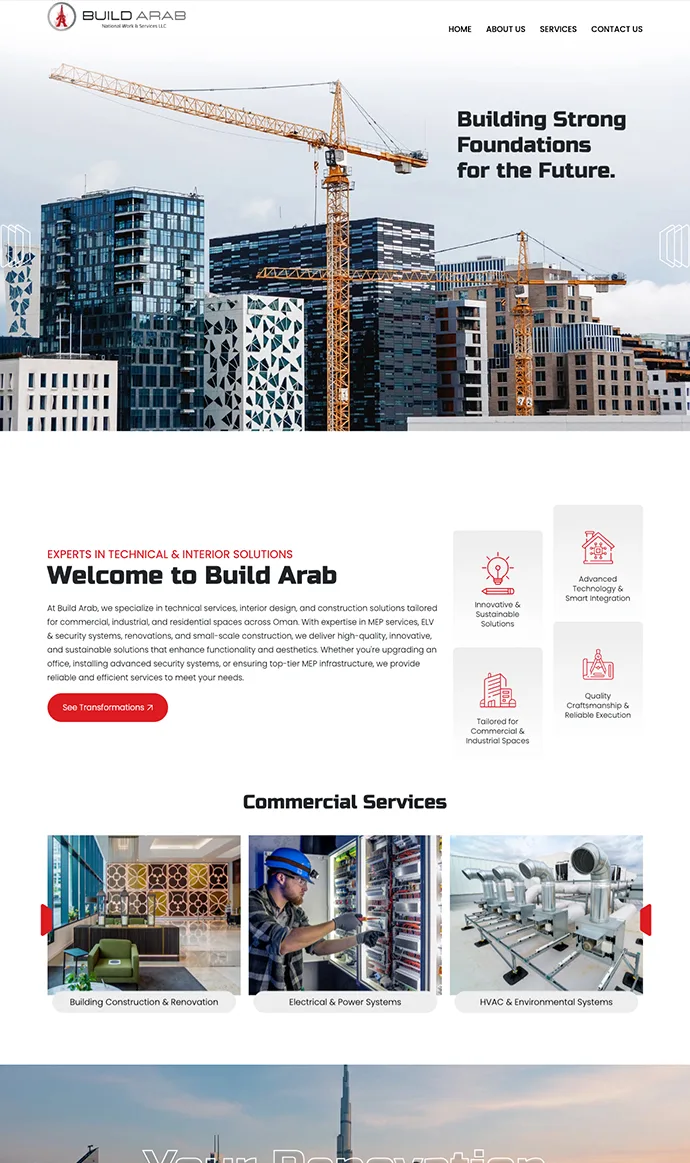 Build Arab corporate website design showcasing construction, MEP, interior design, and industrial technical services in Oman