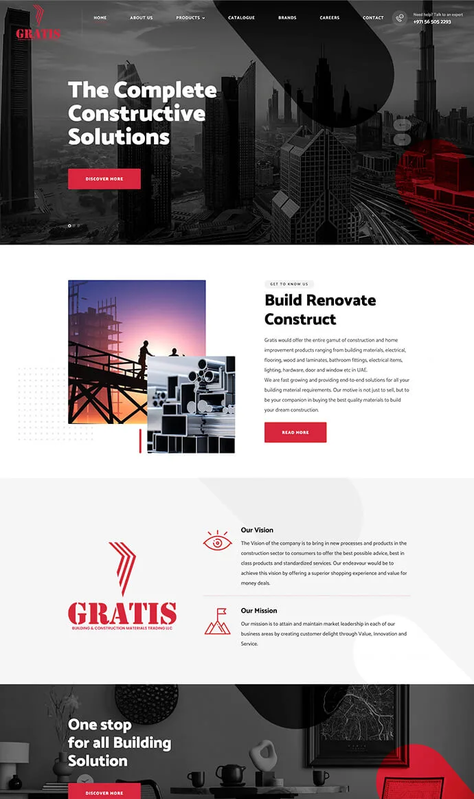 GRATIS UAE website design showcasing building materials, plywood, MDF, laminates, hardware, and construction products