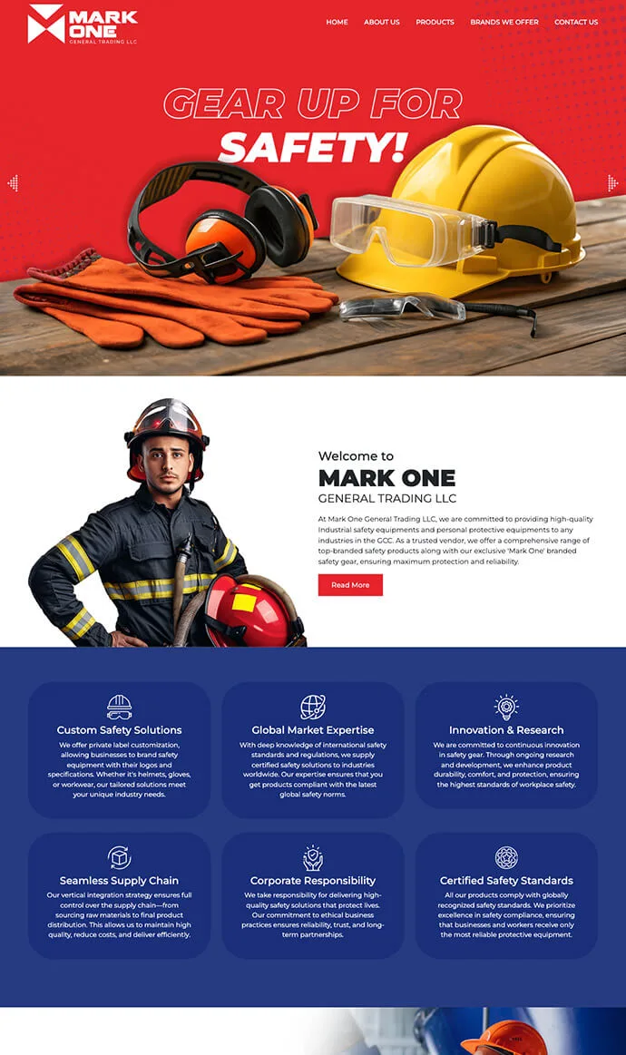 Mark One General Trading website design showcasing industrial safety equipment, PPE, and product categories in the UAE