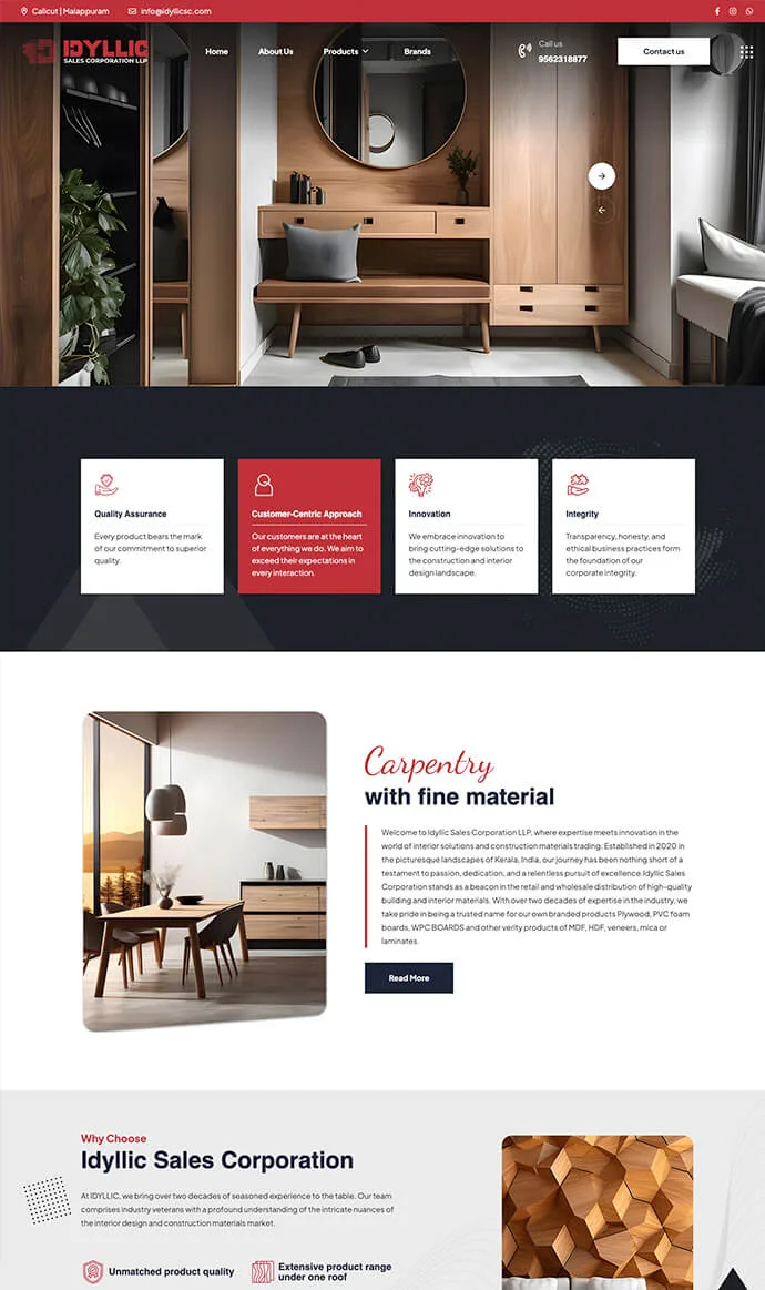 Idyllic Sales Corporation website design showcasing plywood, PVC foam boards, WPC boards, laminates, and interior materials