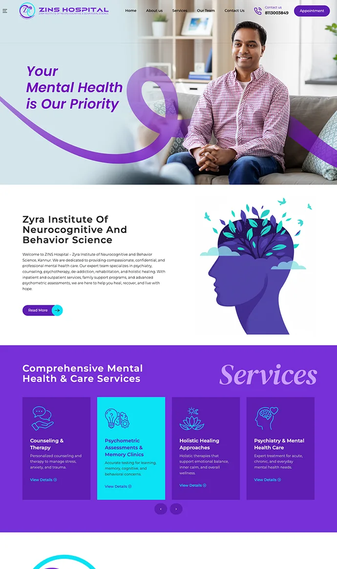 ZINS Hospital website design showcasing psychiatric care, mental health services, and appointment booking in Kannur