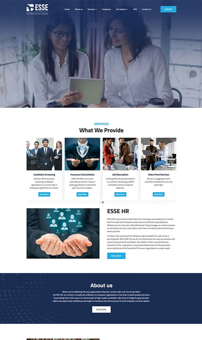 ESSE HR website design showcasing global recruitment, manpower supply, staffing, and workforce outsourcing services
