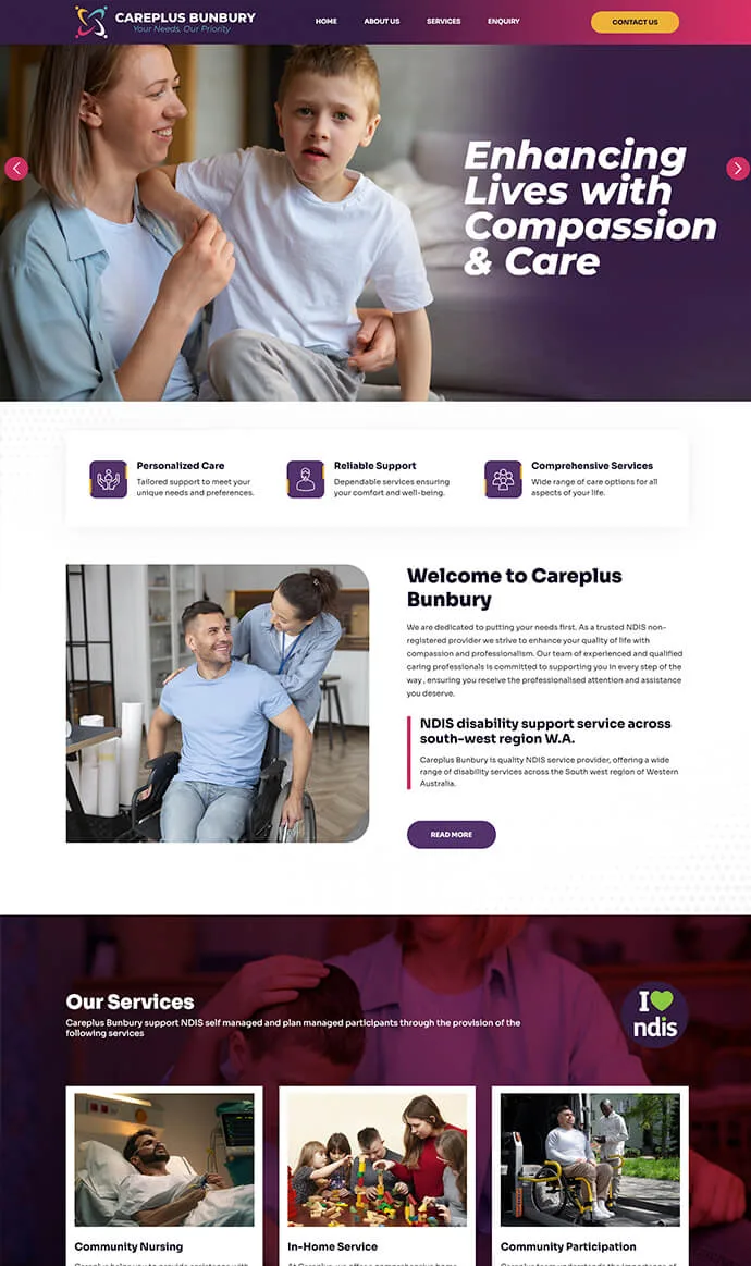 Careplus Bunbury website design showcasing disability support, community nursing, in-home care, and community participation services