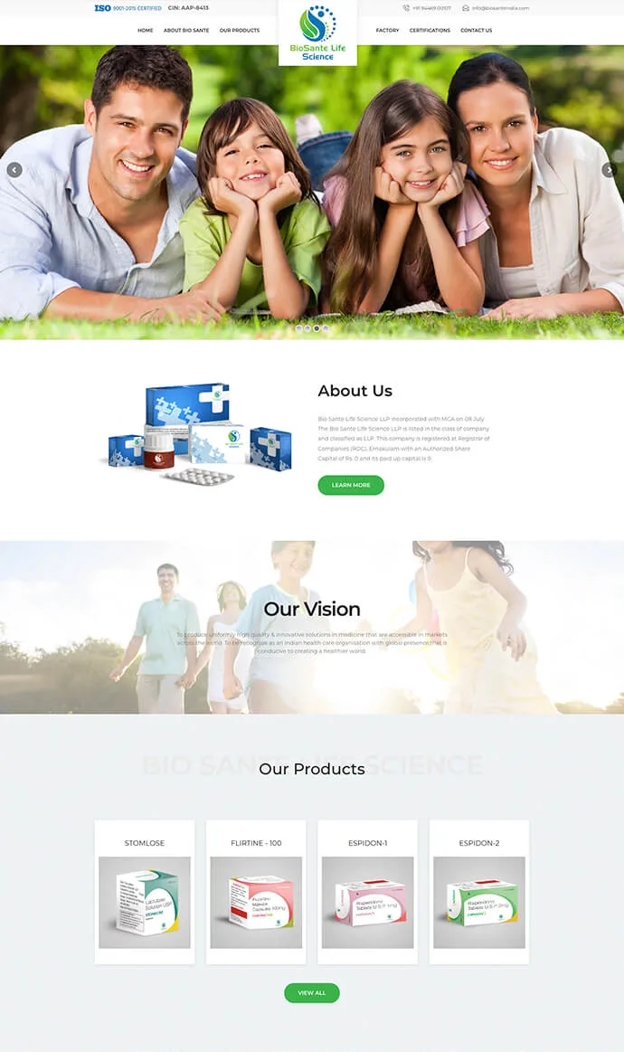 Bio Sante Life Science website design showcasing pharmaceutical formulations, healthcare products, and the product catalogue
