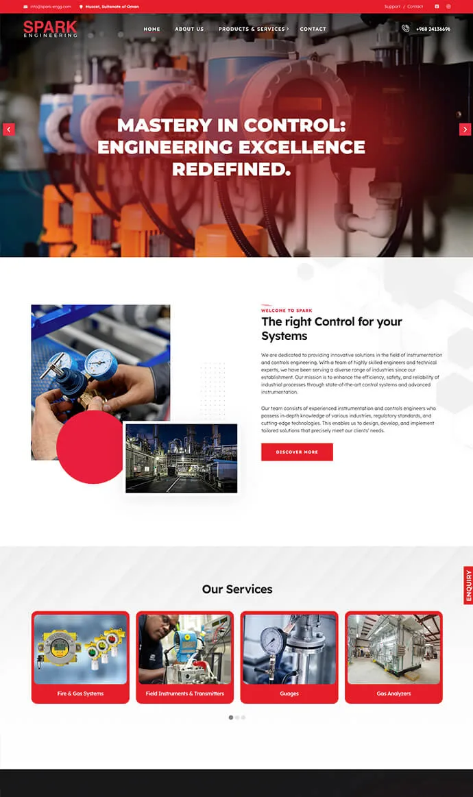 Spark Engineering website design showcasing industrial instrumentation, metering systems, fire and gas solutions, and automation services
