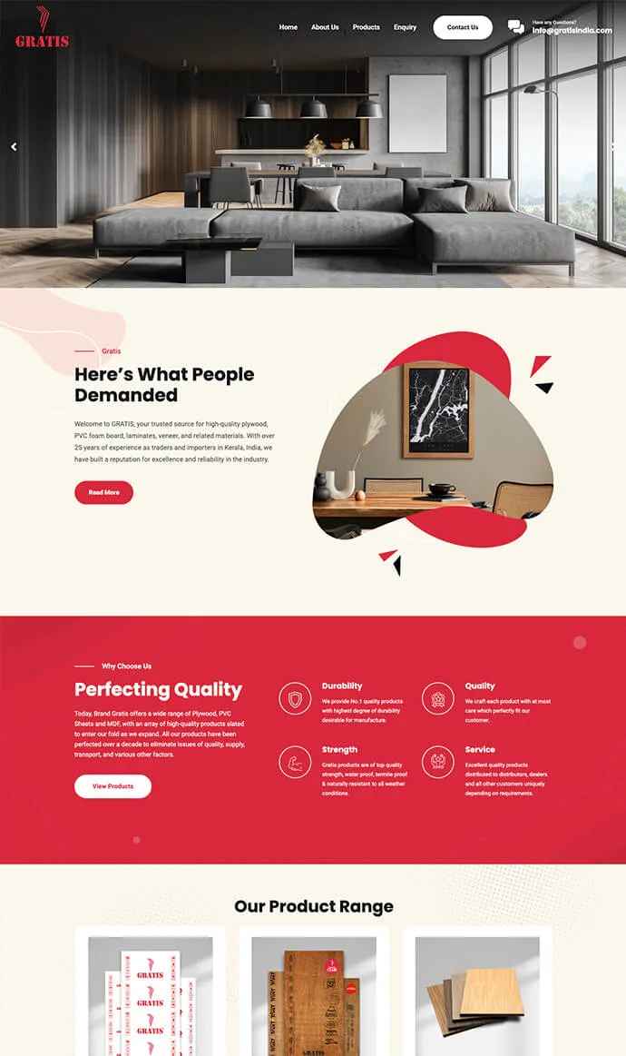 GRATIS website design showcasing PVC foam boards, plywood, MDF, laminates, and interior materials