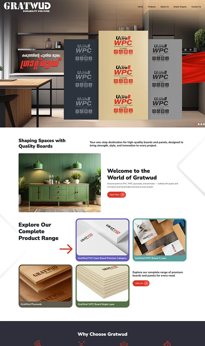 Gratwud website design showcasing PVC foam boards, WPC boards, plywood, and interior materials