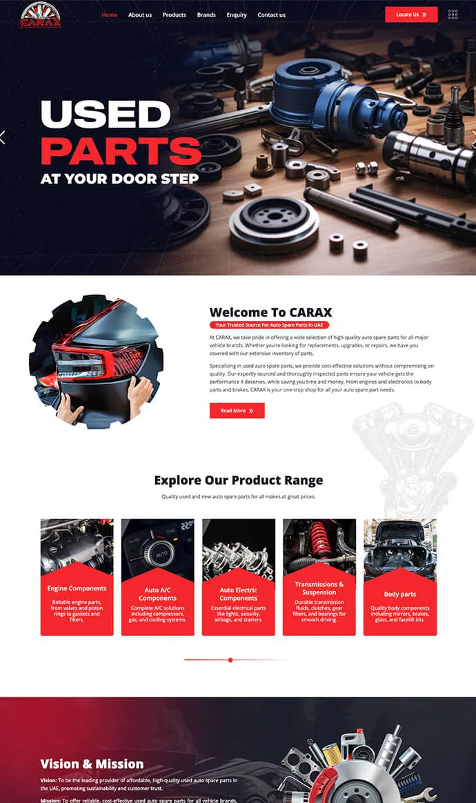 CARAX website design showcasing automotive spare parts, engine components, body parts, and vehicle accessories