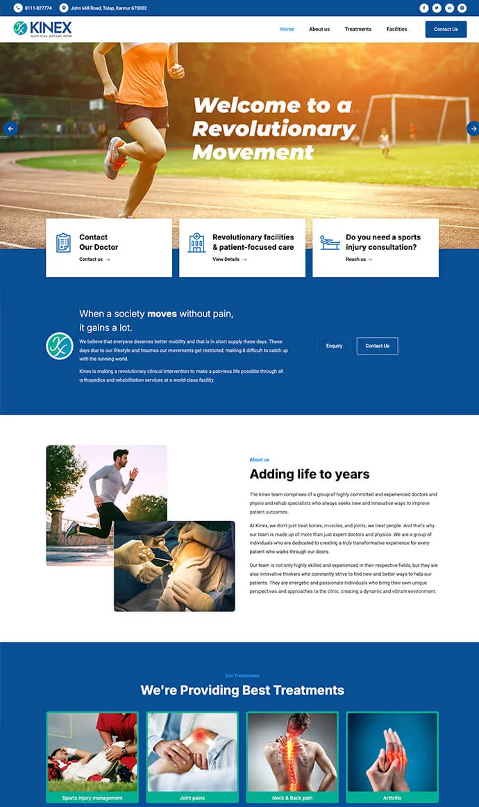 KINEX Orthopaedic and Physiotherapy Clinic website design showcasing sports injury treatment, physiotherapy, orthopaedic care, and rehabilitation