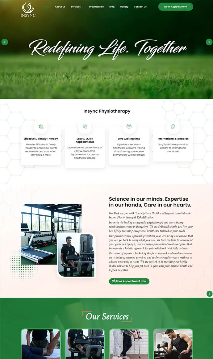 Insync Physiotherapy website design showcasing orthopaedic physiotherapy, sports rehabilitation, treatment services, and clinic information