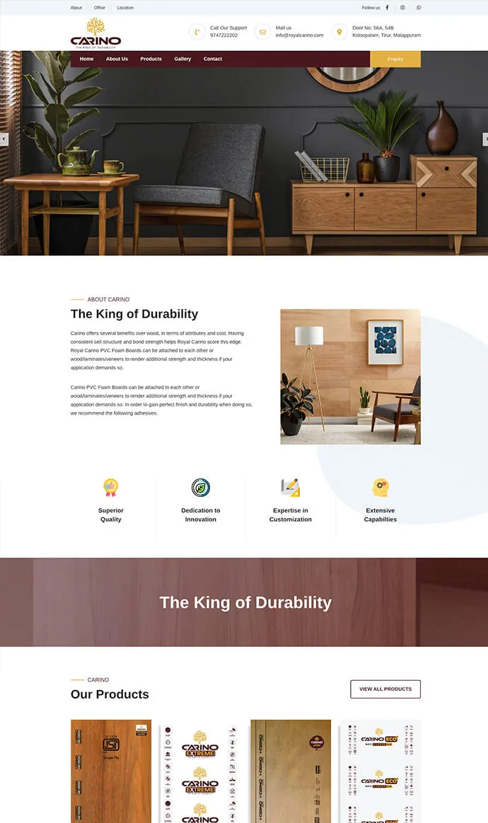 Royal Carino website design showcasing Carino PVC foam boards, building materials, product information, and catalogue
