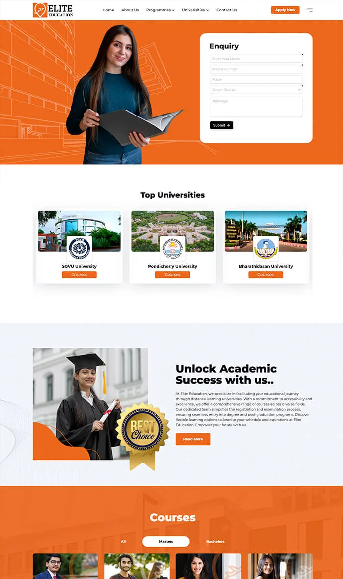 Elite Education website design featuring distance-learning university programmes, undergraduate courses, and postgraduate courses