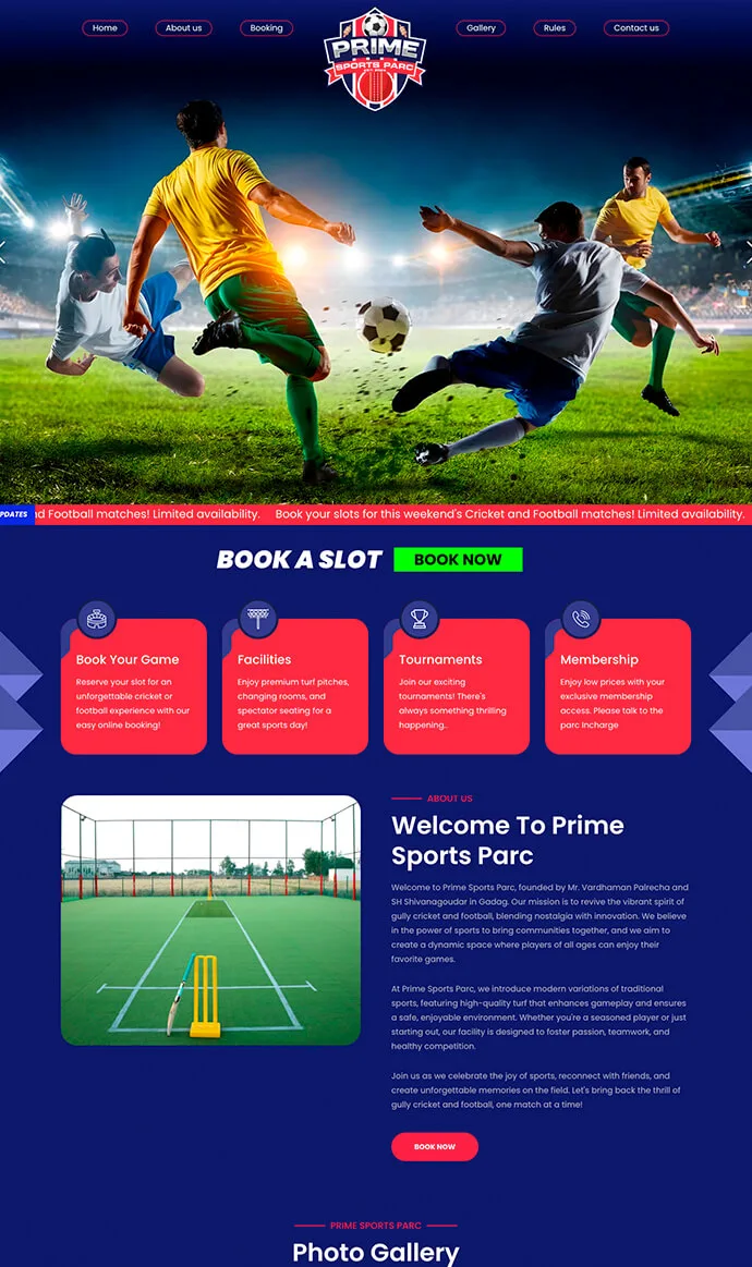 Prime Sports Parc website design showcasing cricket and football turf facilities, slot booking, and sports venue amenities