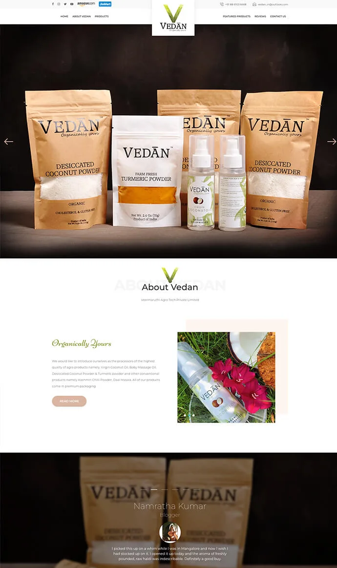 Vedan website design showcasing virgin coconut oil, baby massage oil, turmeric powder, and organic food products