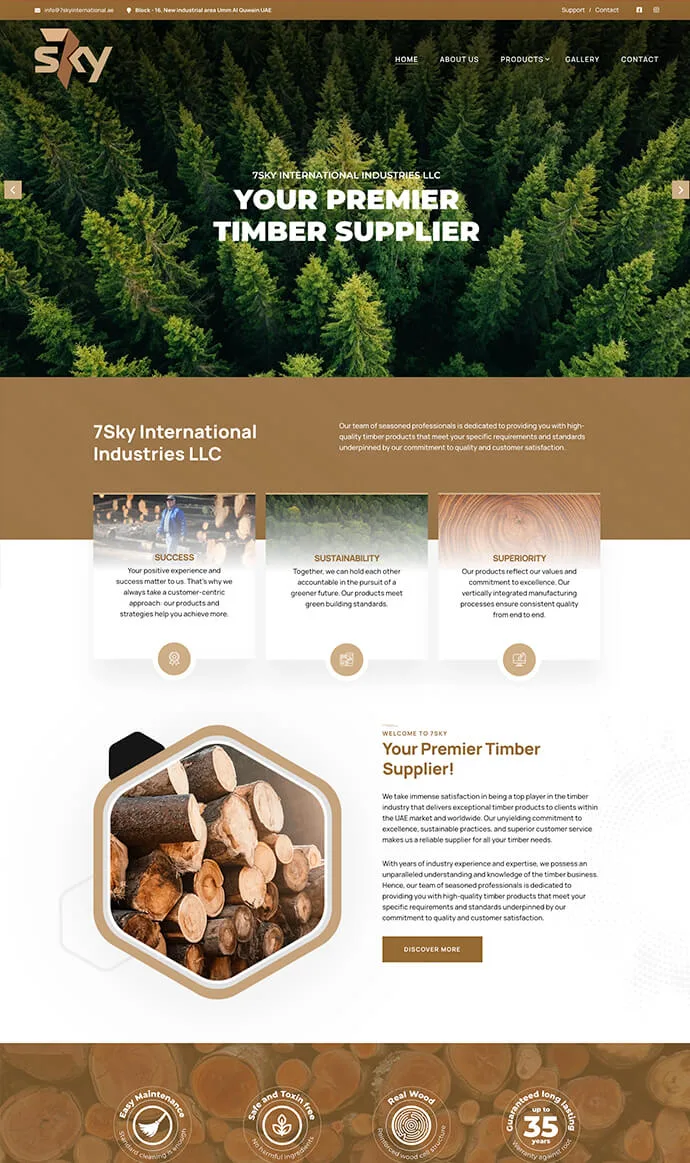 7Sky International website design showcasing timber logs, sawn timber, plywood, and wood products