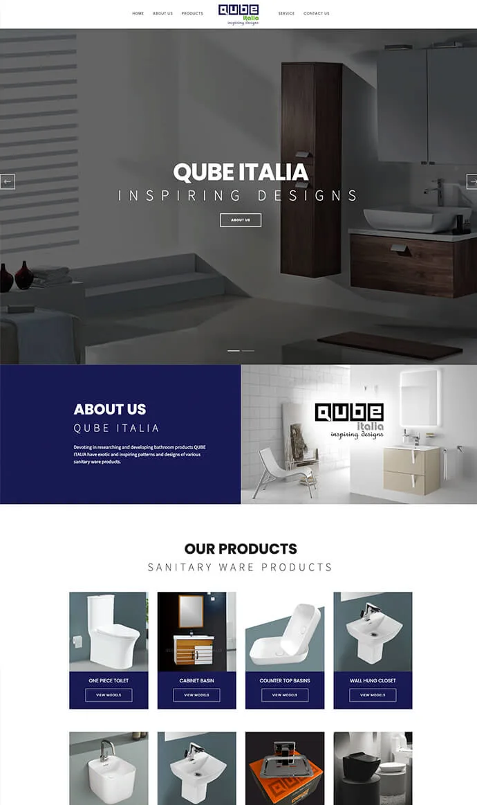 Qube Italia website design showcasing sanitaryware products, modern toilets, washbasins, bathroom cabinets, fittings, and accessories