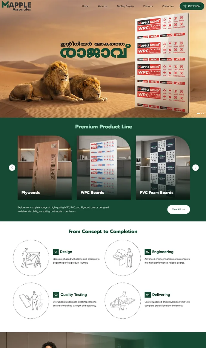 Mapple Associates website design showcasing WPC boards, PVC foam boards, and plywood products