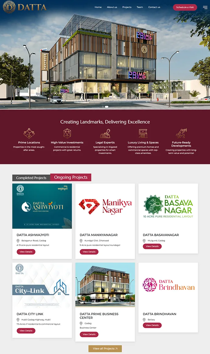 Shri Datta Properties real estate website design showcasing residential layouts and commercial property projects in Karnataka