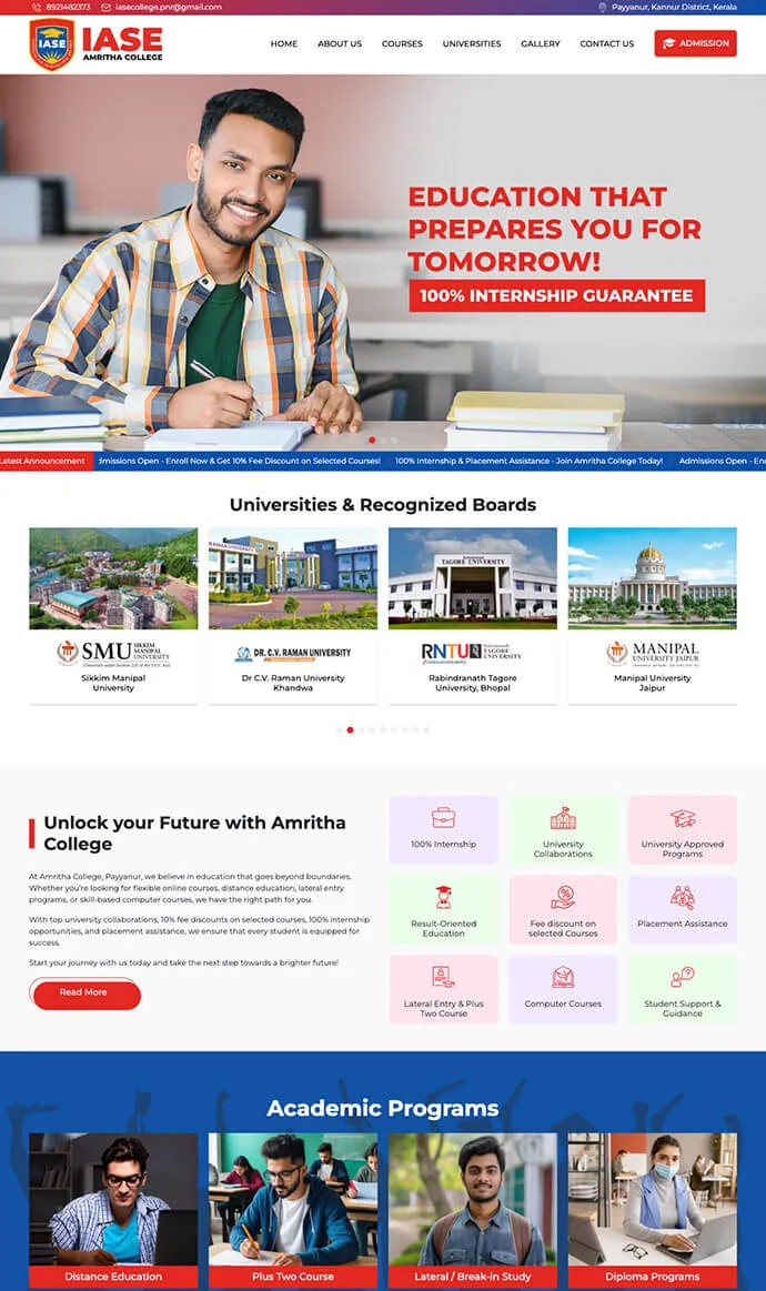 Amritha College IASE College website design showcasing educational courses and online admission options