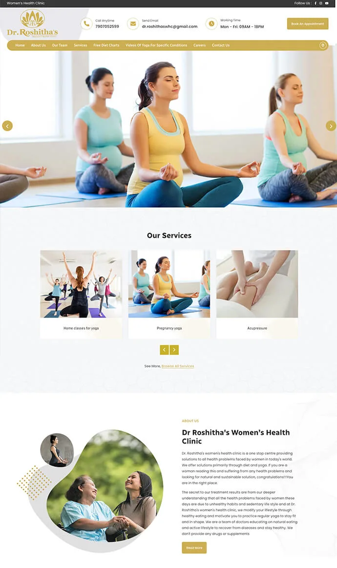Dr. Roshitha’s Women’s Health Clinic website design featuring pregnancy yoga, therapeutic yoga, personalised diet plans, and wellness services